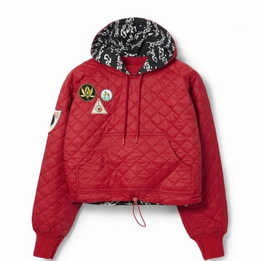 DESIGUAL Red Quilted Padded Hoodie With Patches Cropped Sz M NWT Puffer Pullover - Picture 3 of 12